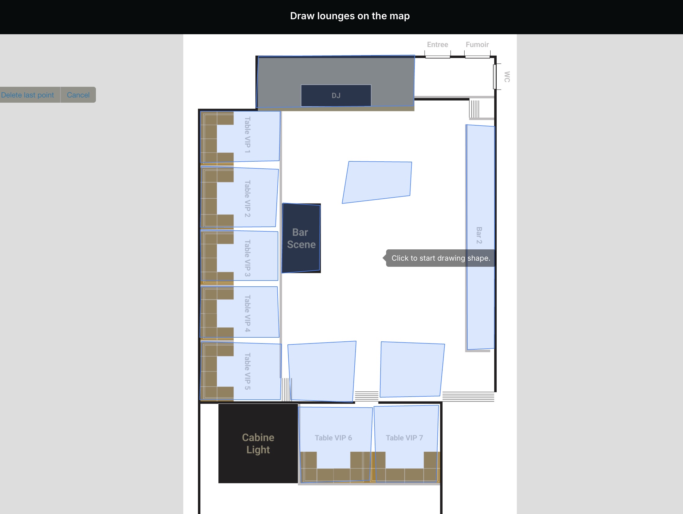 Clubloungery owner dashboard — clubs upload a floorplan and draw their bookable lounges as polygons