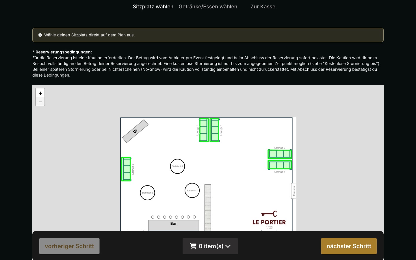 Clubloungery — guests select their lounge directly on the club floorplan